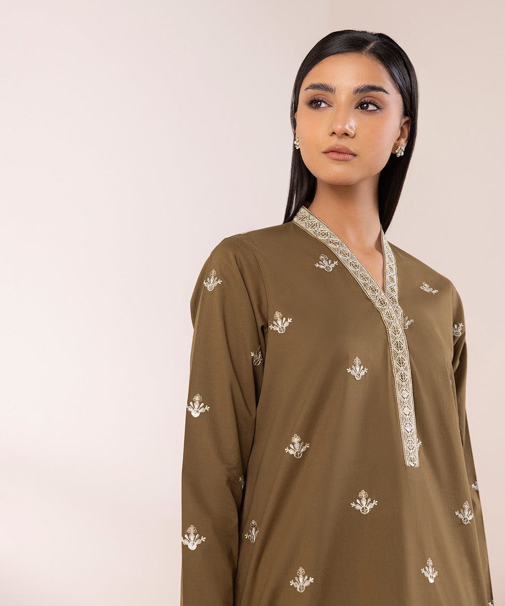 Women's Pret Cambric Embroidered Brown A-Line Shirt