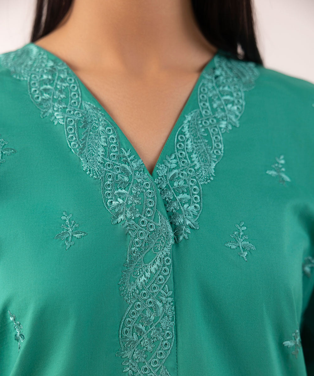 Women's Pret Cambric Embroidered Green A-Line Shirt