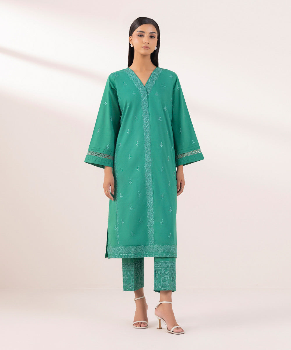 Women's Pret Cambric Embroidered Green A-Line Shirt