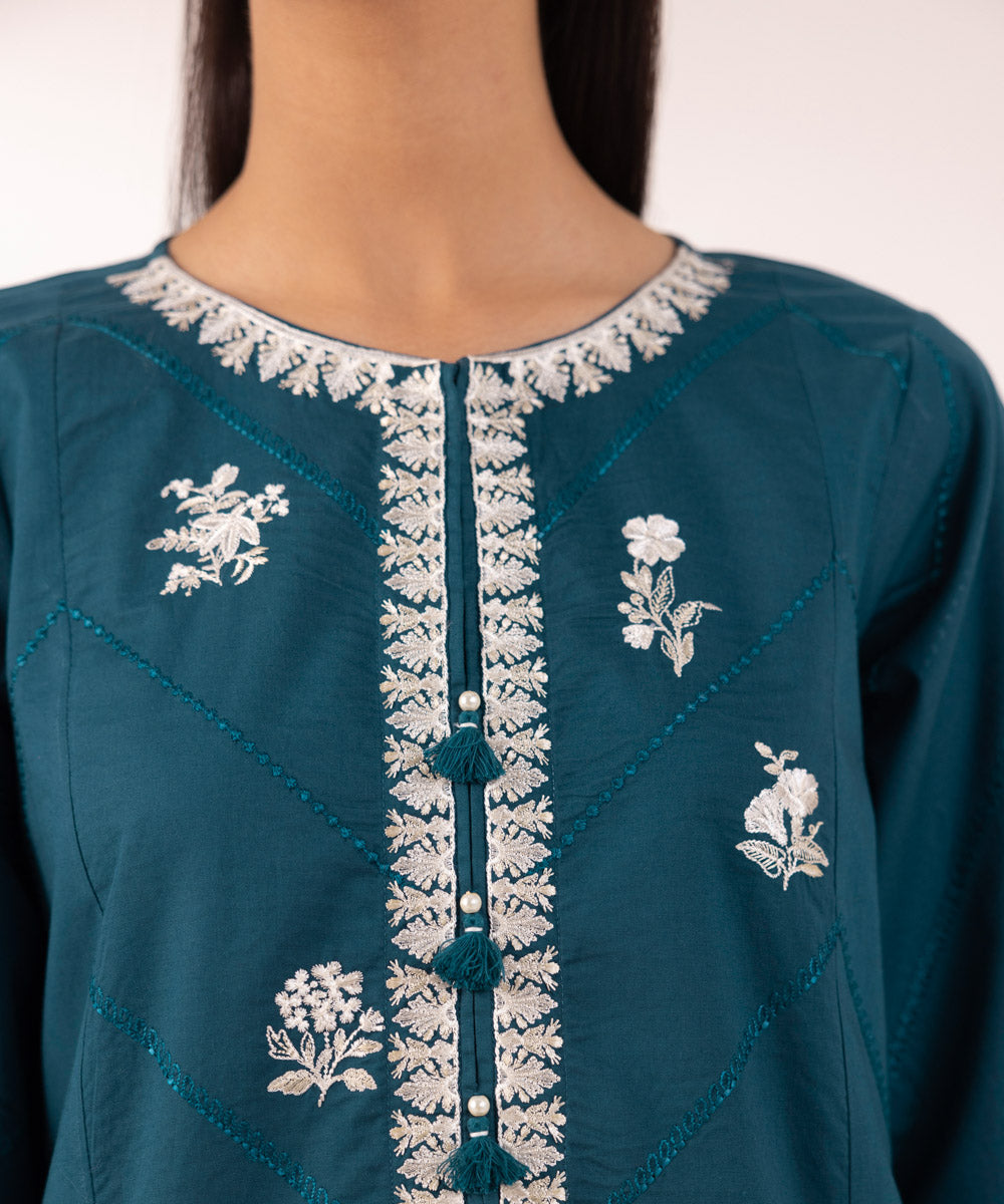 Women's Pret Cambric Embroidered Green A-Line Shirt