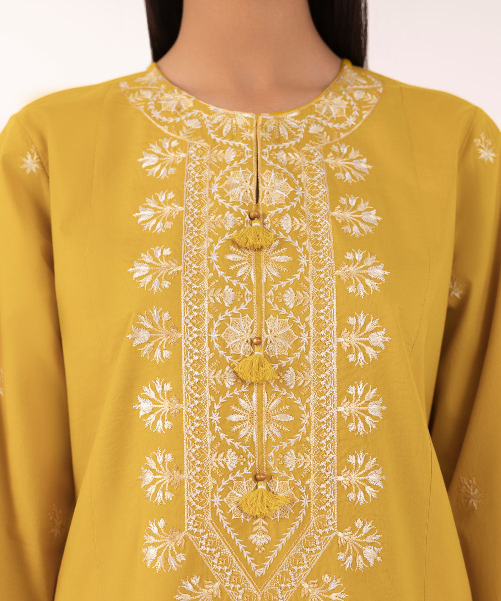 Women's Pret Cambric Embroidered Yellow A-Line Shirt