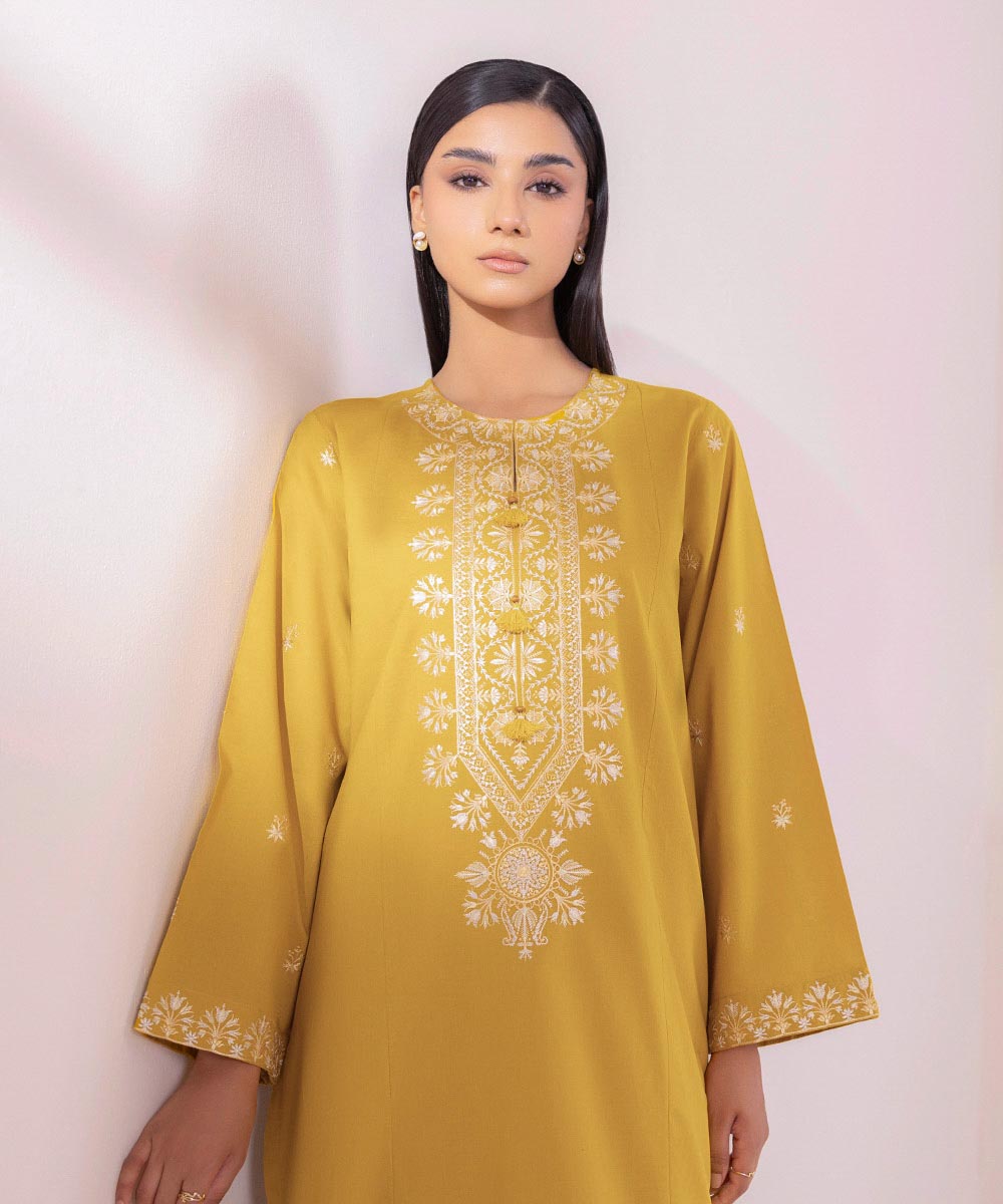 Women's Pret Cambric Embroidered Yellow A-Line Shirt