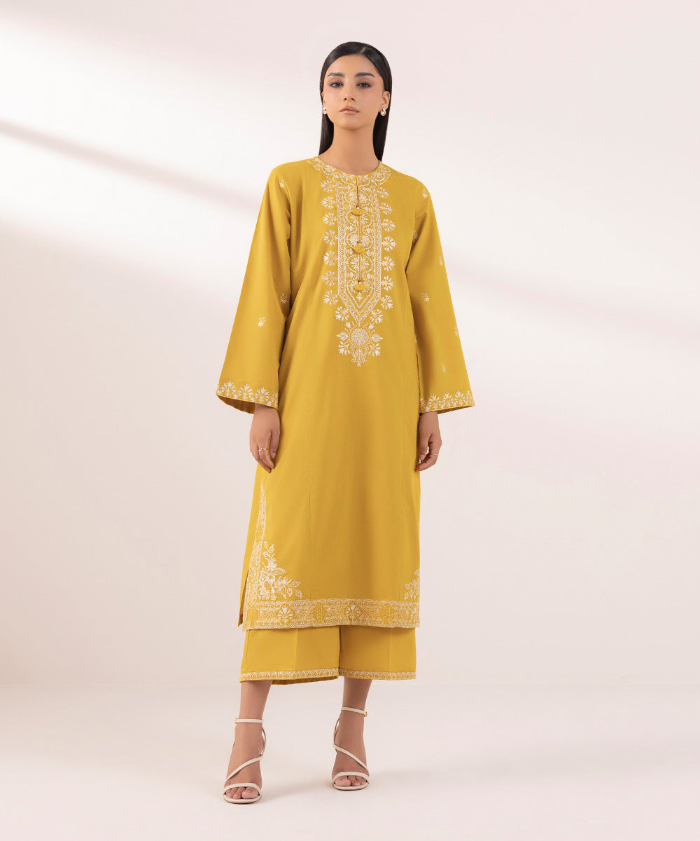 Women's Pret Cambric Embroidered Yellow A-Line Shirt