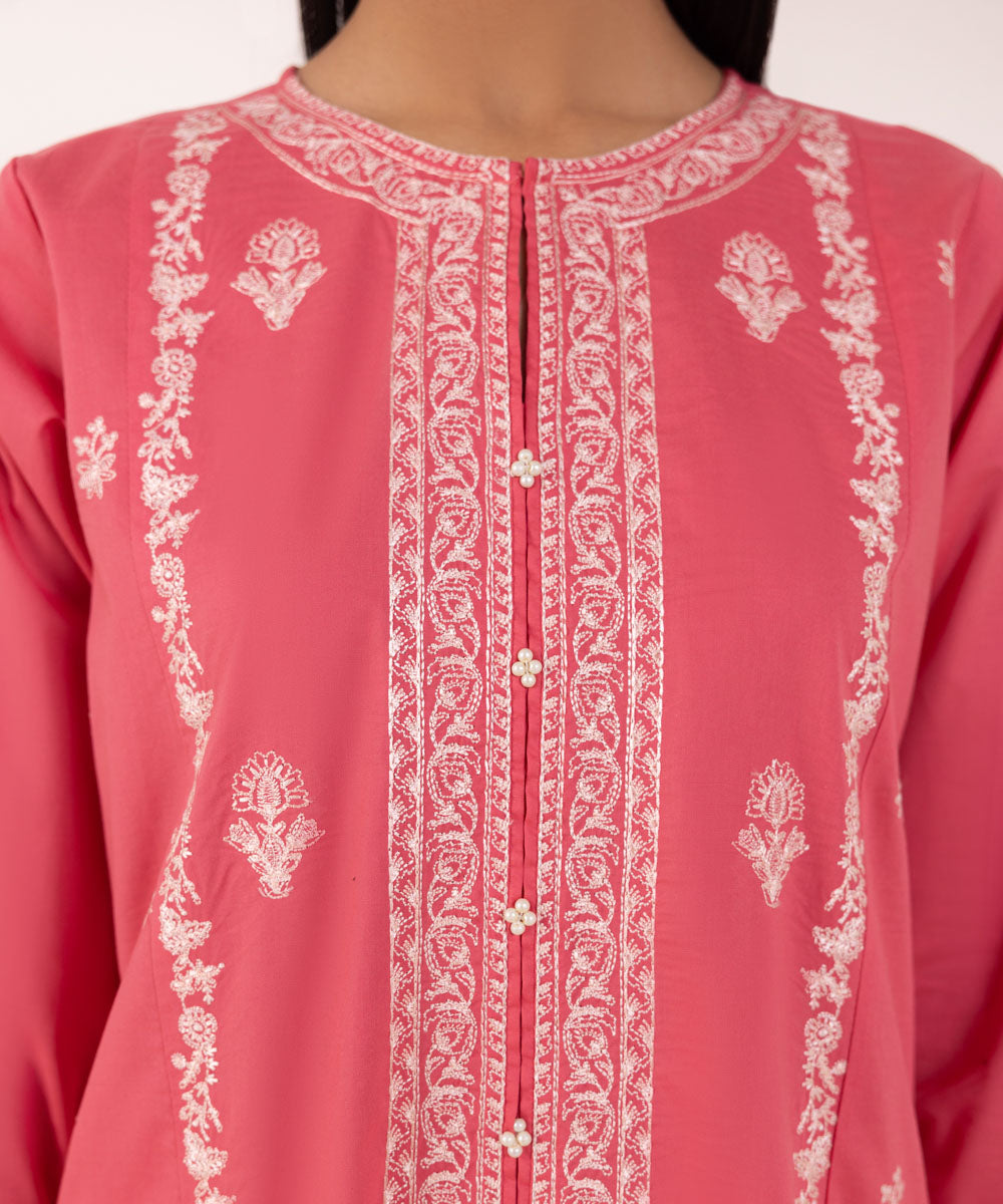 Women's Pret Cambric Embroidered Pink A-Line Shirt