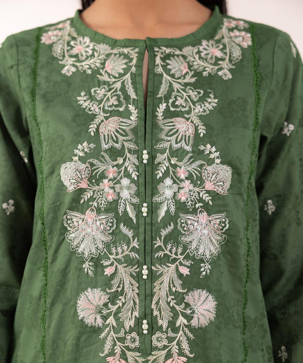 Women's Pret Cotton Jacquard Embroidered Green A-Line Shirt