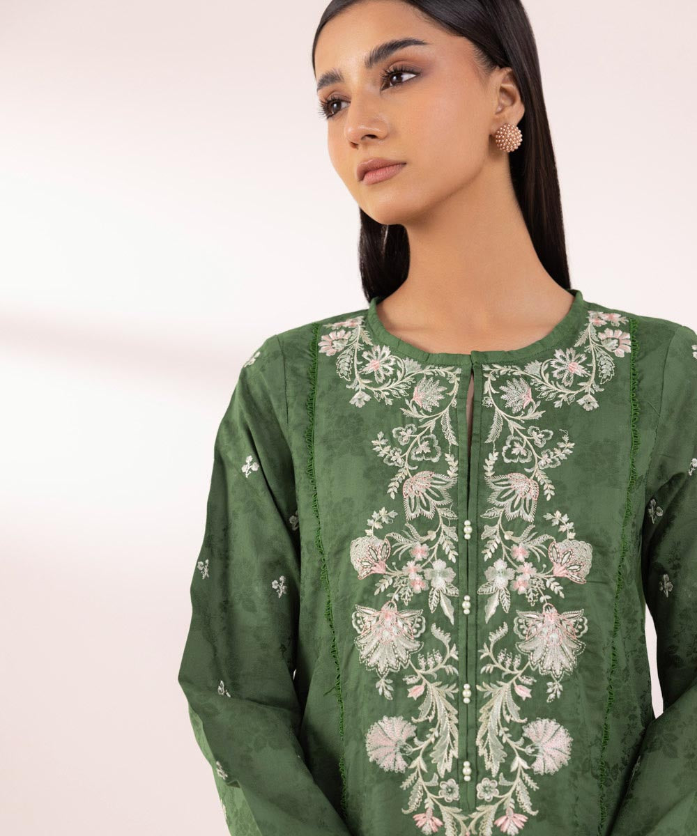 Women's Pret Cotton Jacquard Embroidered Green A-Line Shirt