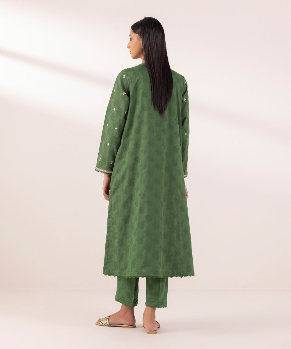 Women's Pret Cotton Jacquard Embroidered Green A-Line Shirt