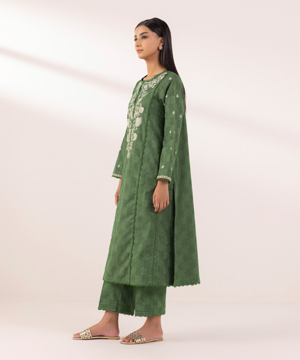 Women's Pret Cotton Jacquard Embroidered Green A-Line Shirt