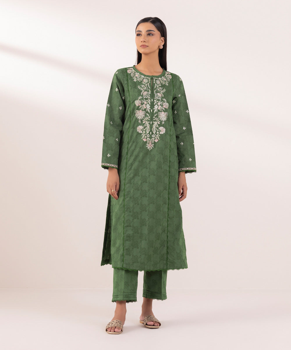 Women's Pret Cotton Jacquard Embroidered Green A-Line Shirt