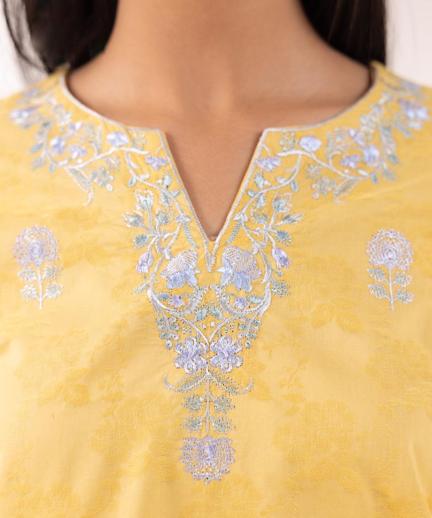 Women's Pret Cotton Jacquard Embroidered Yellow A-Line Shirt