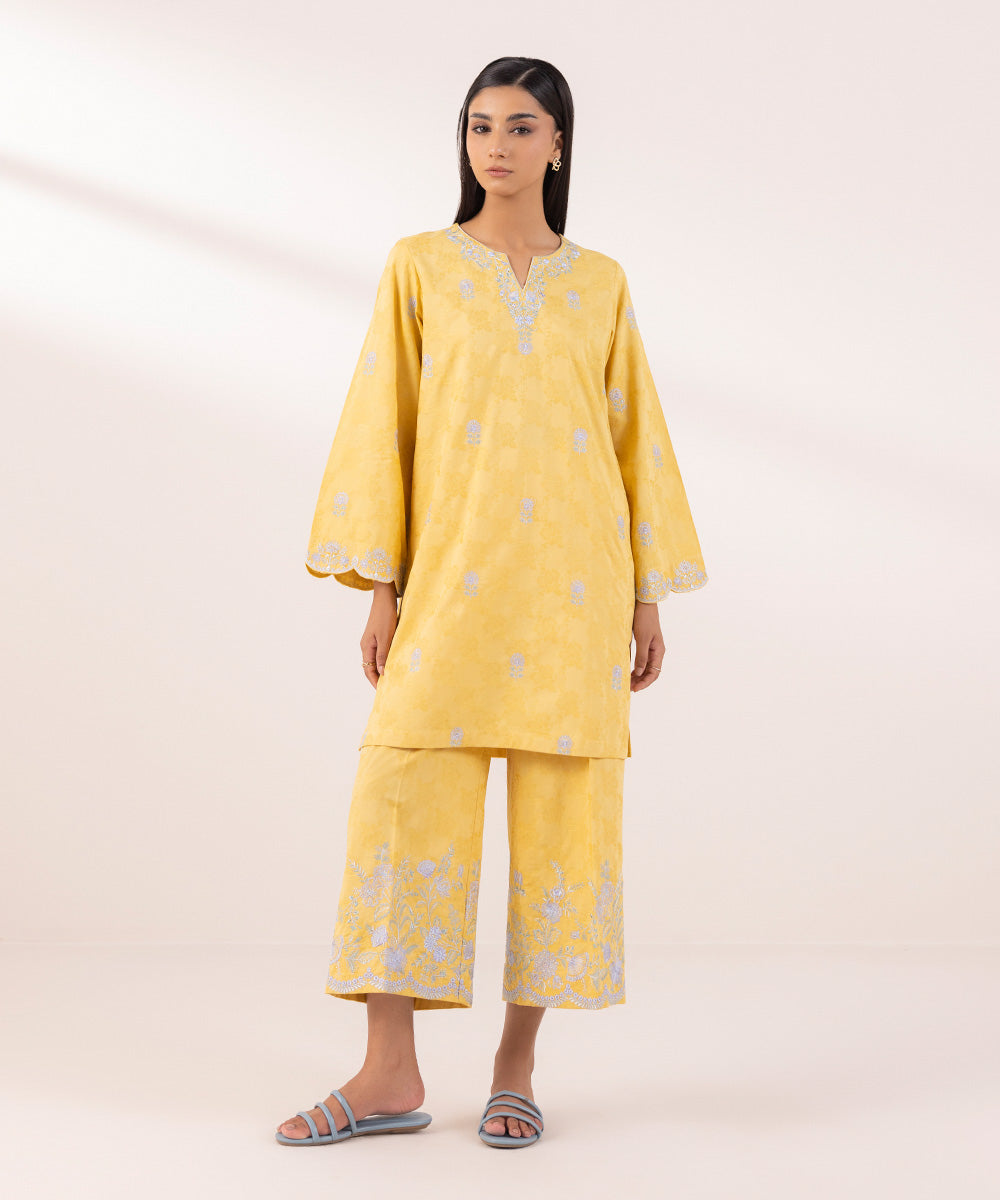 Women's Pret Cotton Jacquard Embroidered Yellow A-Line Shirt