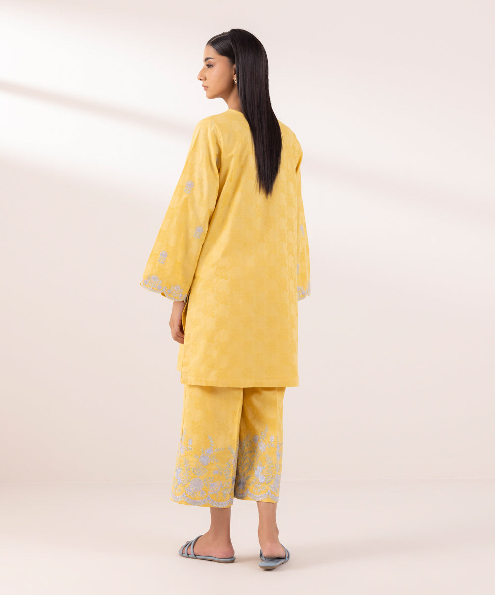 Women's Pret Cotton Jacquard Embroidered Yellow A-Line Shirt