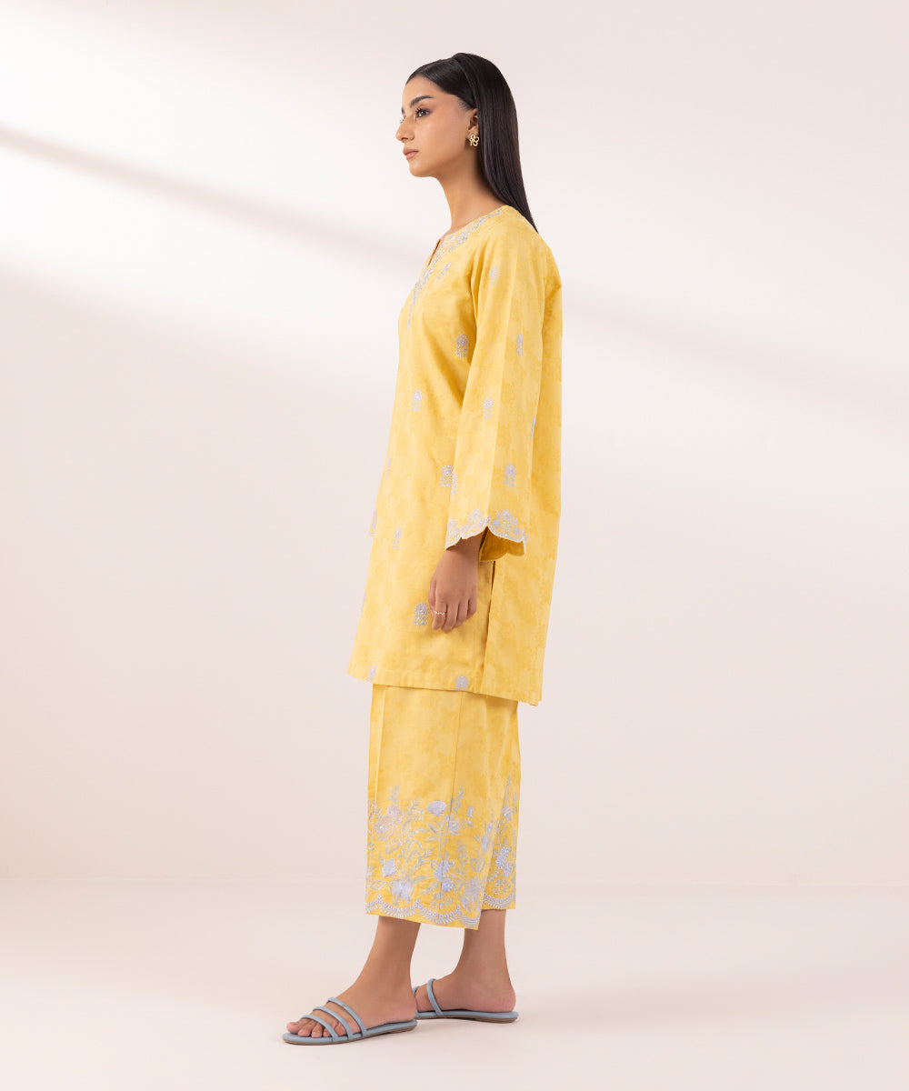 Women's Pret Cotton Jacquard Embroidered Yellow A-Line Shirt