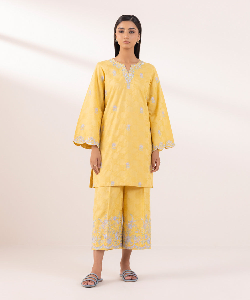 Women's Pret Cotton Jacquard Embroidered Yellow A-Line Shirt