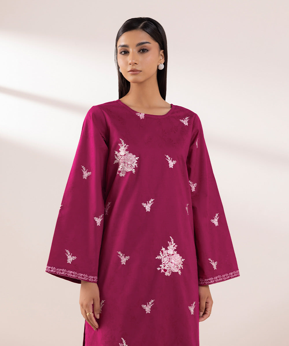 Women's Pret Cotton Jacquard Embroidered Pink A-Line Shirt