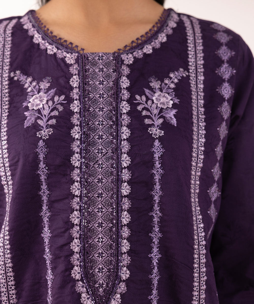 Women's Pret Cotton Jacquard Embroidered Purple A-Line Shirt