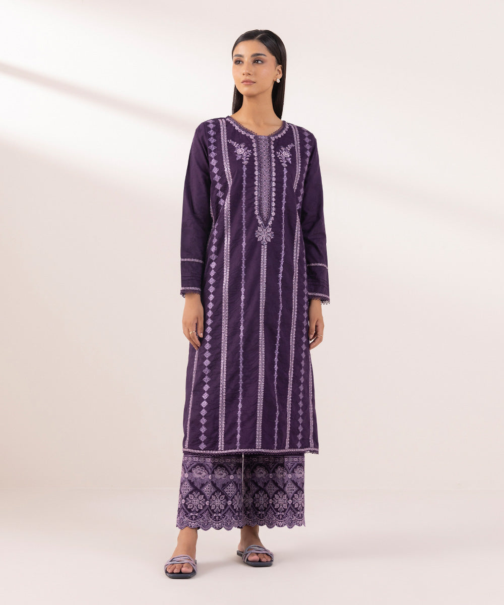 Women's Pret Cotton Jacquard Embroidered Purple A-Line Shirt