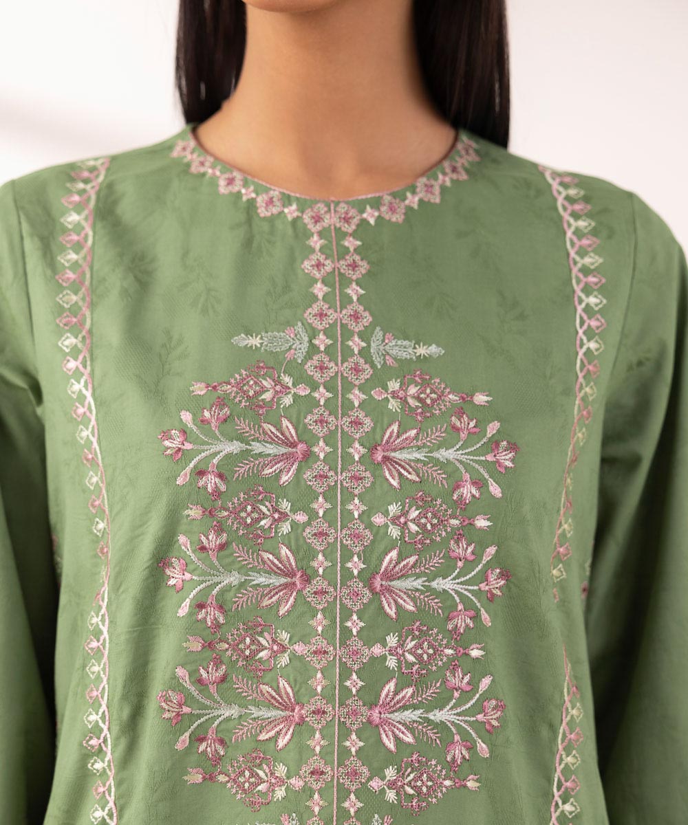 Women's Pret Cotton Jacquard Embroidered Green A-Line Shirt