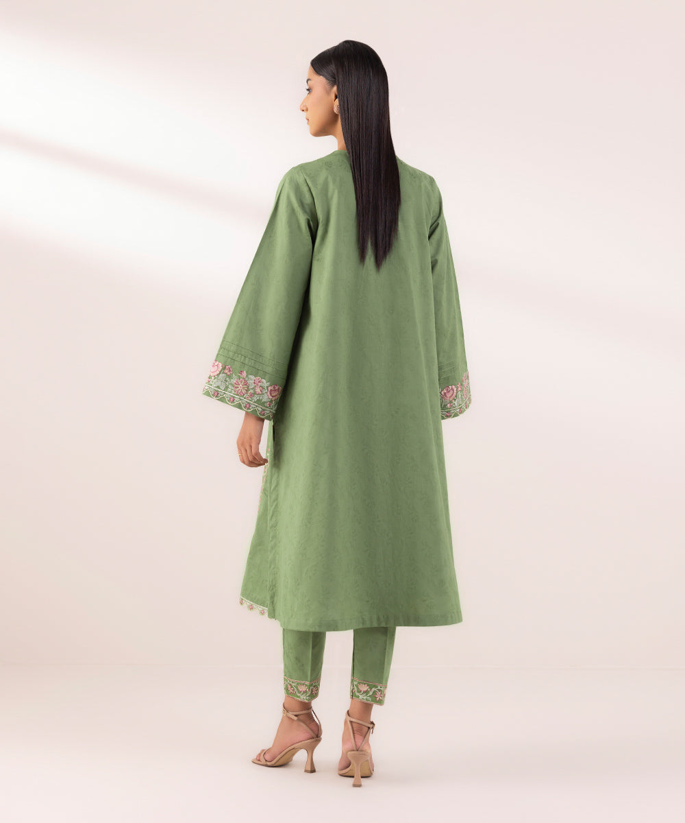 Women's Pret Cotton Jacquard Embroidered Green A-Line Shirt