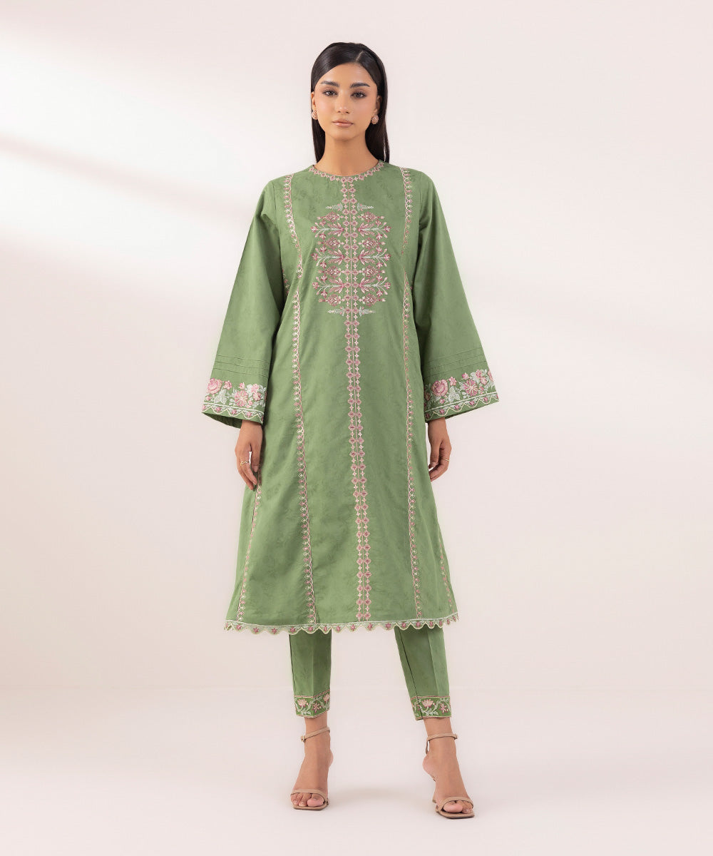 Women's Pret Cotton Jacquard Embroidered Green A-Line Shirt