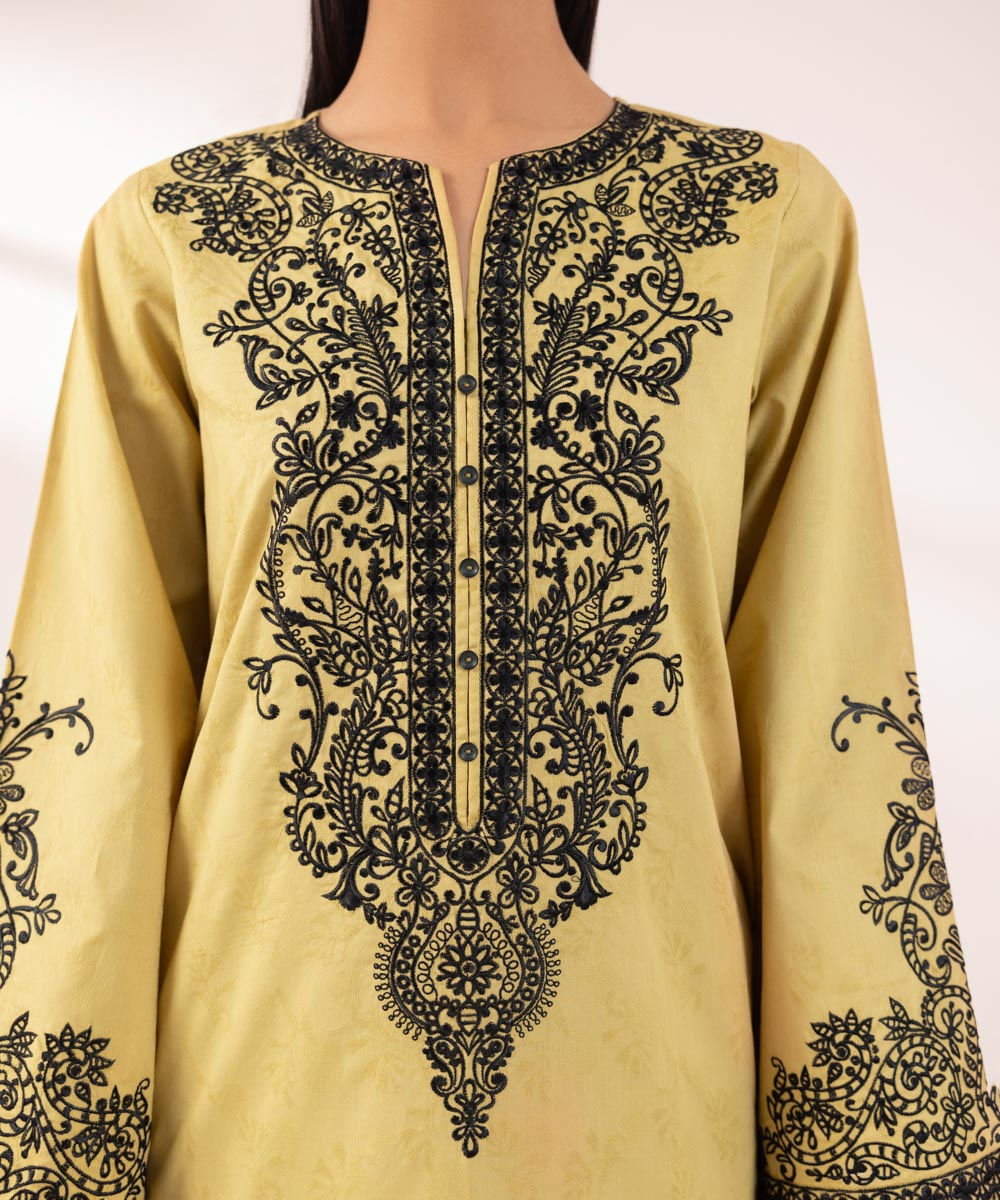 Women's Pret Cotton Jacquard Embroidered Yellow A-Line Shirt