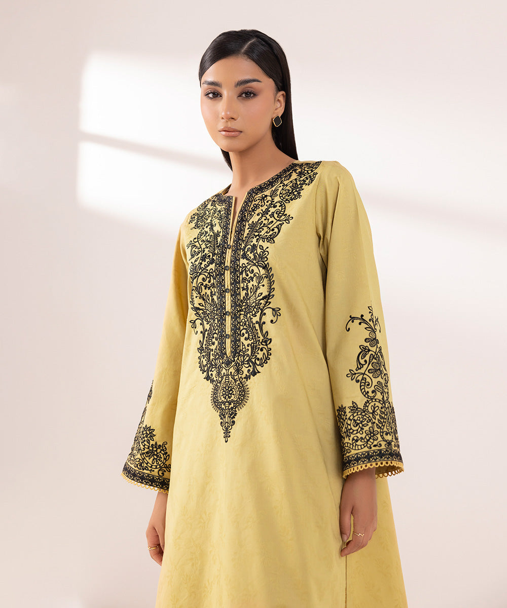 Women's Pret Cotton Jacquard Embroidered Yellow A-Line Shirt