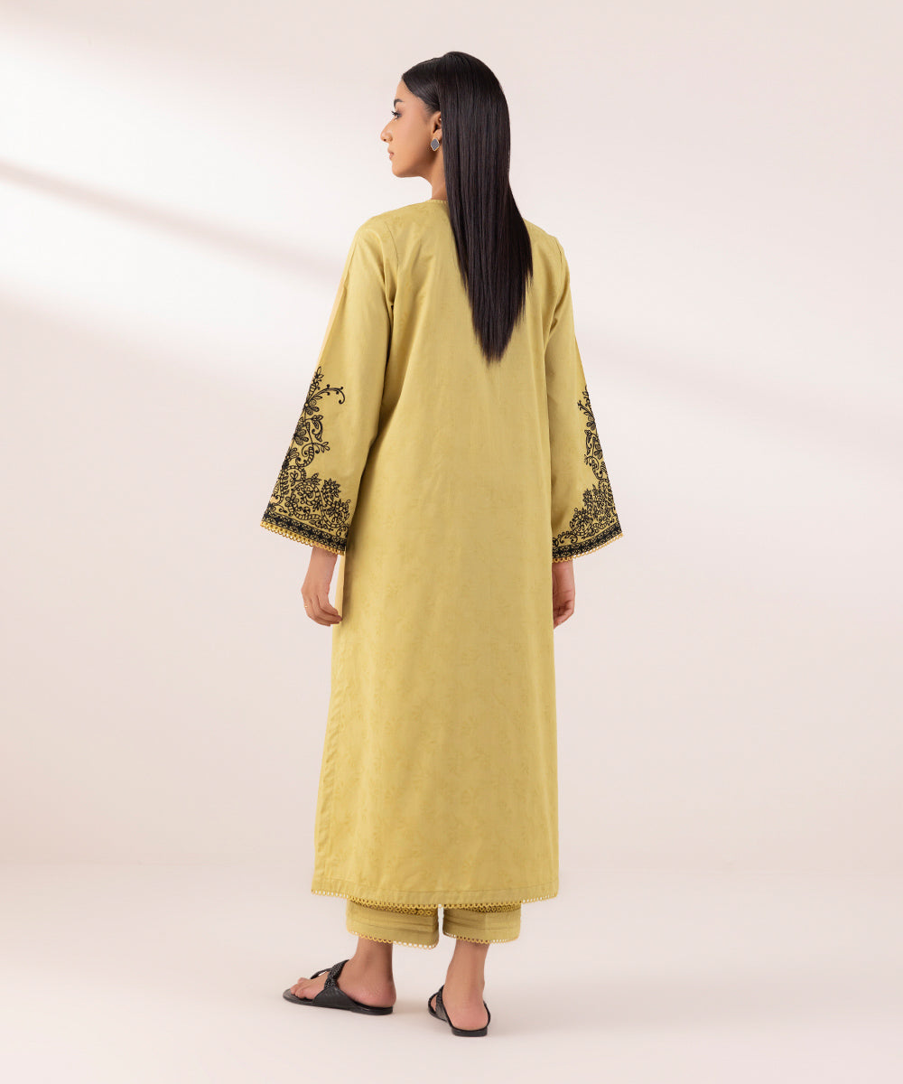 Women's Pret Cotton Jacquard Embroidered Yellow A-Line Shirt