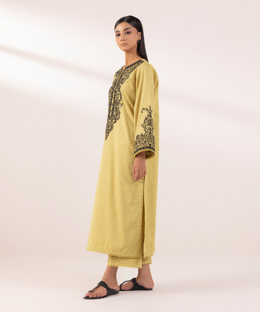 Women's Pret Cotton Jacquard Embroidered Yellow A-Line Shirt