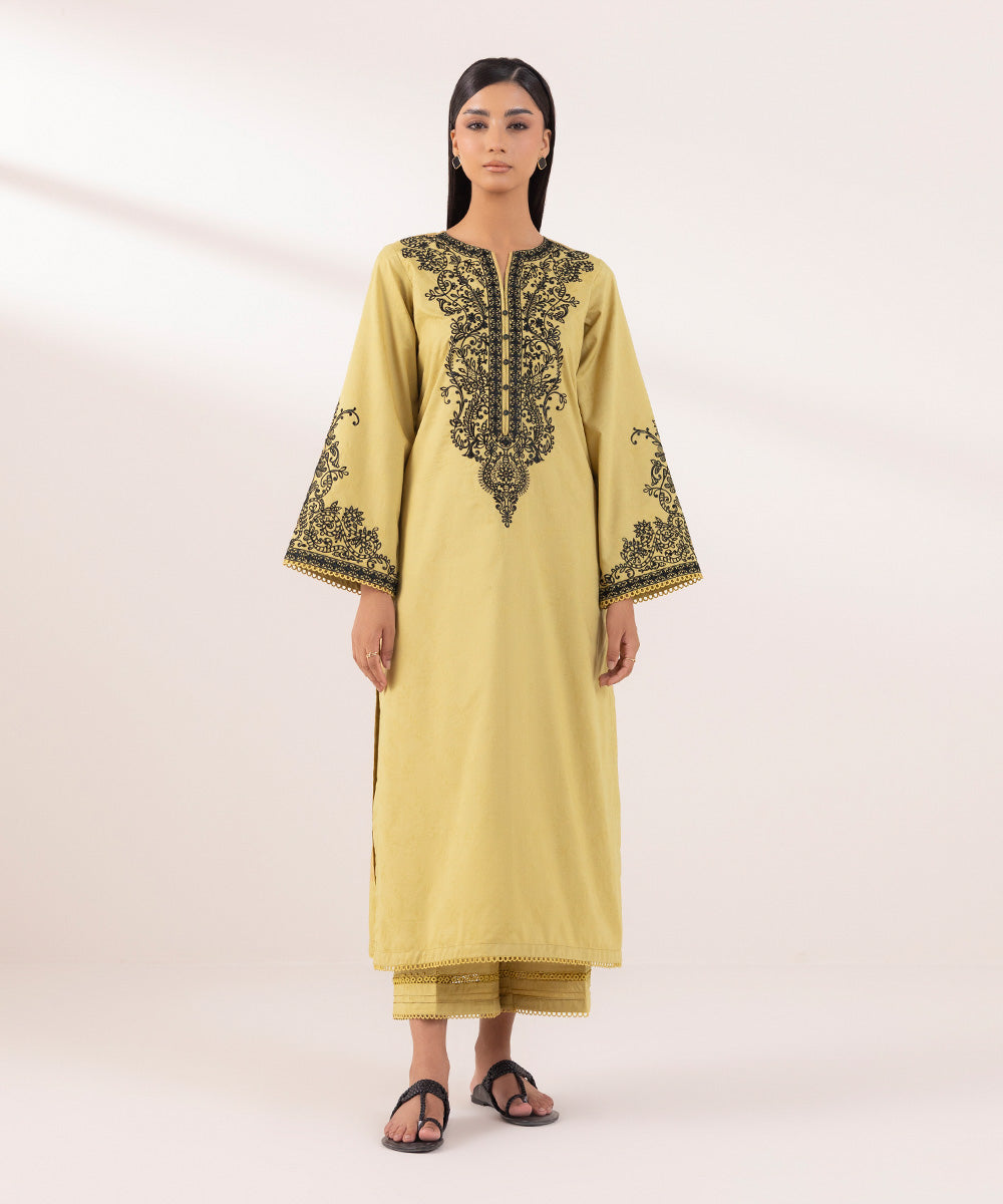 Women's Pret Cotton Jacquard Embroidered Yellow A-Line Shirt