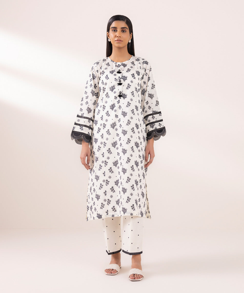 Women's Pret Lawn Printed Embroidered Off White A-Line Shirt