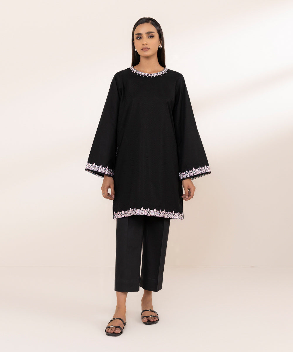 Women's Pret Dobby Embroidered Black A-Line Shirt