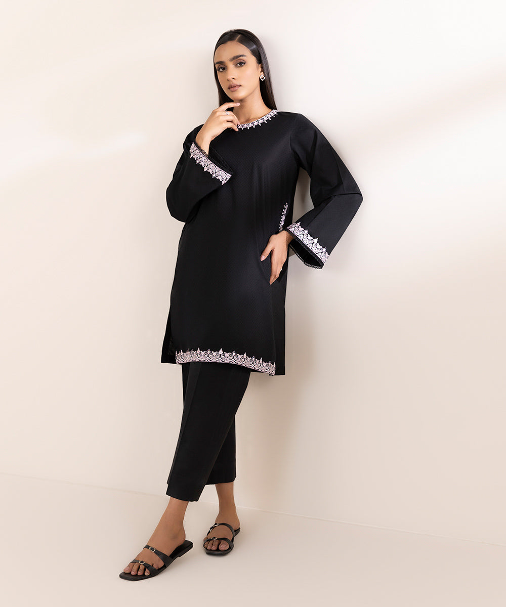 Women's Pret Dobby Embroidered Black A-Line Shirt