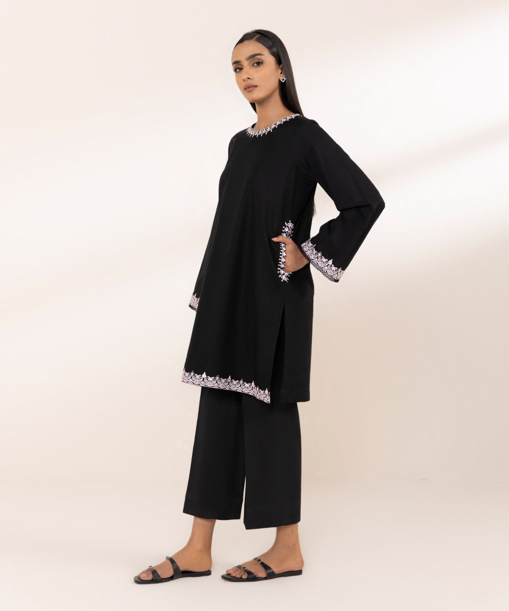 Women's Pret Dobby Embroidered Black A-Line Shirt