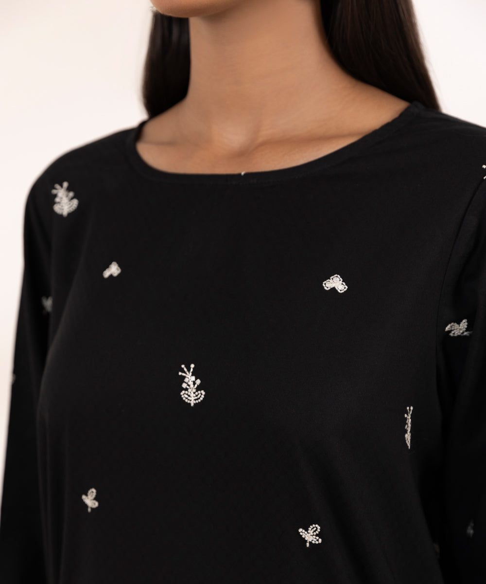 Women's Pret Dobby Embroidered Black Straight Shirt