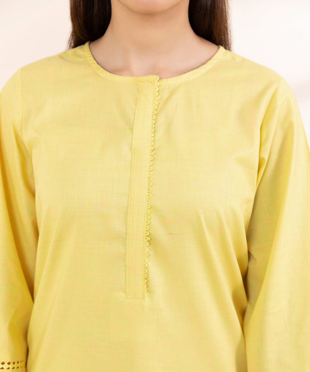 Women's Pret Textured Cotton Yellow Solid A-Line Shirt