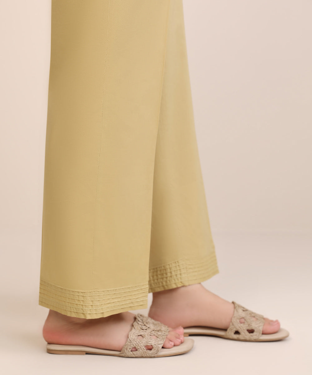 Women's Pret Cotton Viscose Beige Solid Straight Pants