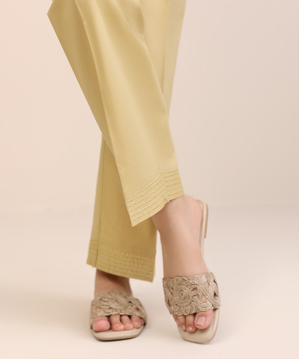 Women's Pret Cotton Viscose Beige Solid Straight Pants