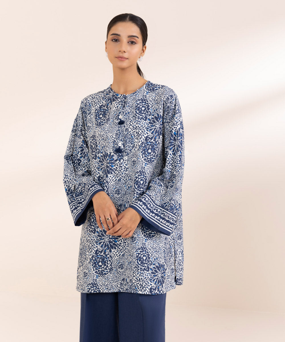 Women's Pret Cotton Viscose Blue Printed Boxy Shirt