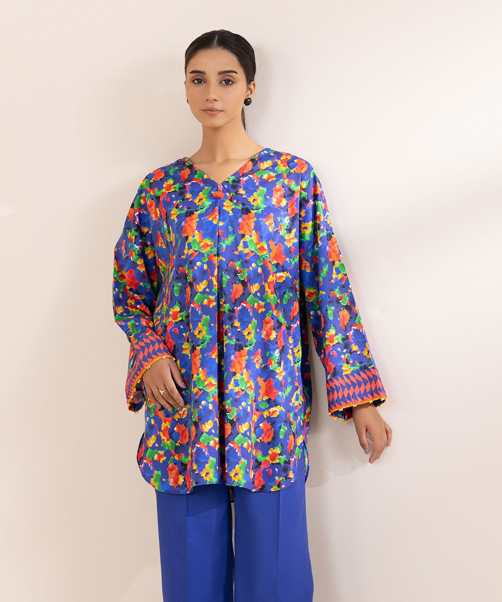 Women's Pret Cotton Viscose Blue Printed Boxy Shirt