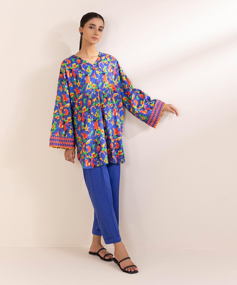 Women's Pret Cotton Viscose Blue Printed Boxy Shirt