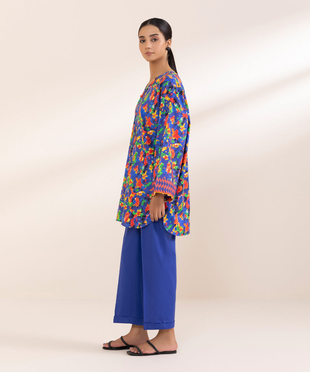 Women's Pret Cotton Viscose Blue Printed Boxy Shirt