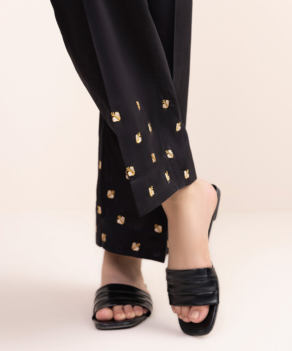 Women's Pret Cambric Black Embroidered Straight Pants