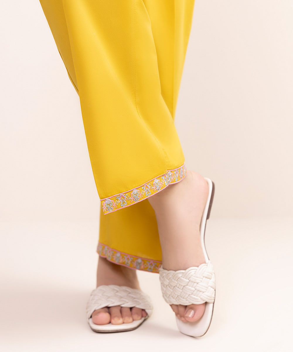 Women's Pret Cambric Yellow Embroidered Straight Pants