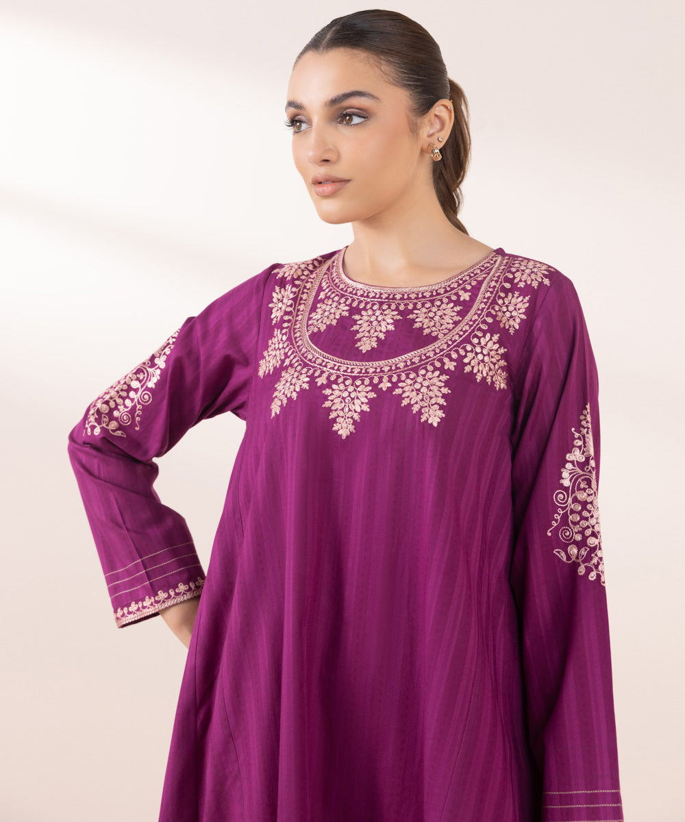 Women's Pret Dobby Purple Embroidered A-Line Shirt