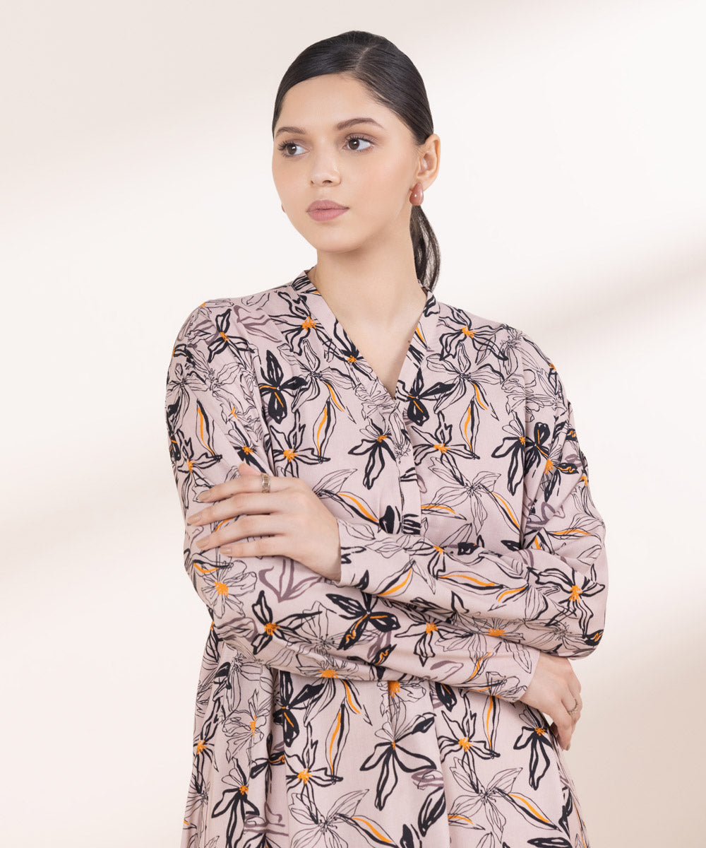 Women's Pret Linen Printed Powder Pink A-Line Shirt