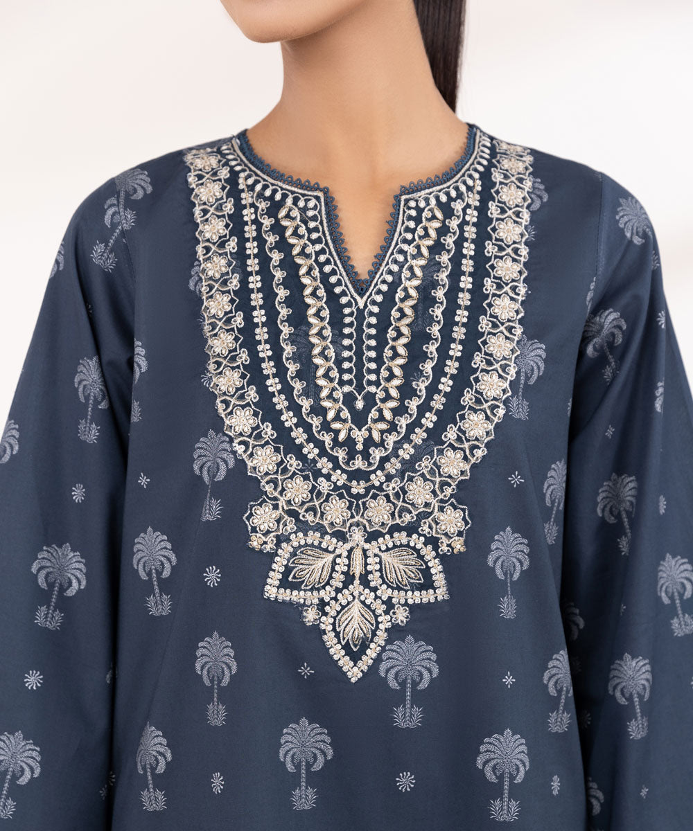 Women's Pret Cambric Blue Embroidered A-Line Shirt