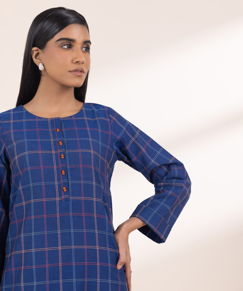 Women's Pret Yarn Dyed Solid Navy Blue A-Line Shirt