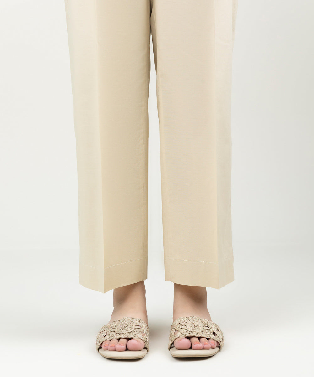 Women's Pret Cambric Solid Beige Straight Pants