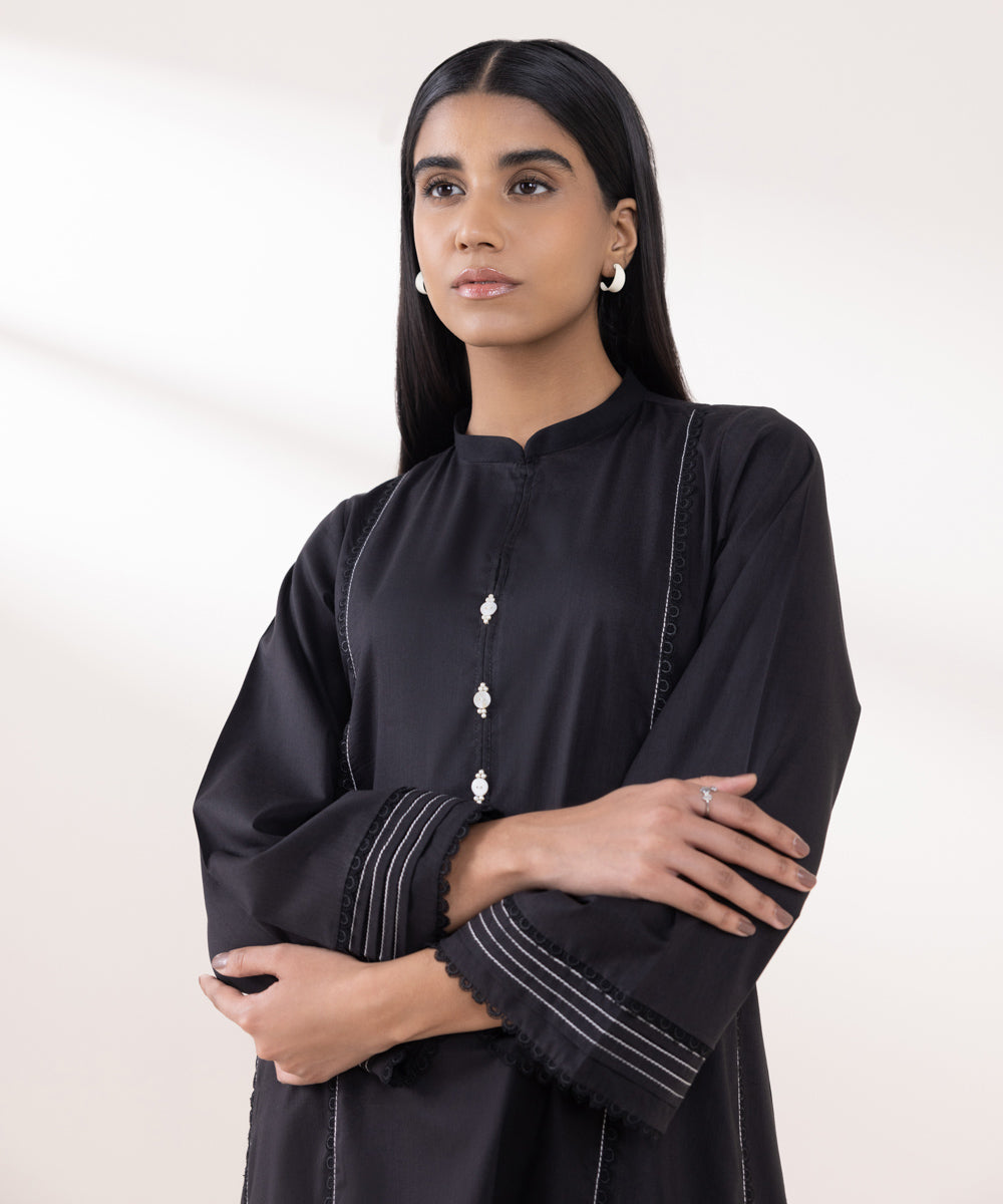 Women's Pret Cotton Viscose Solid Black A-Line Shirt