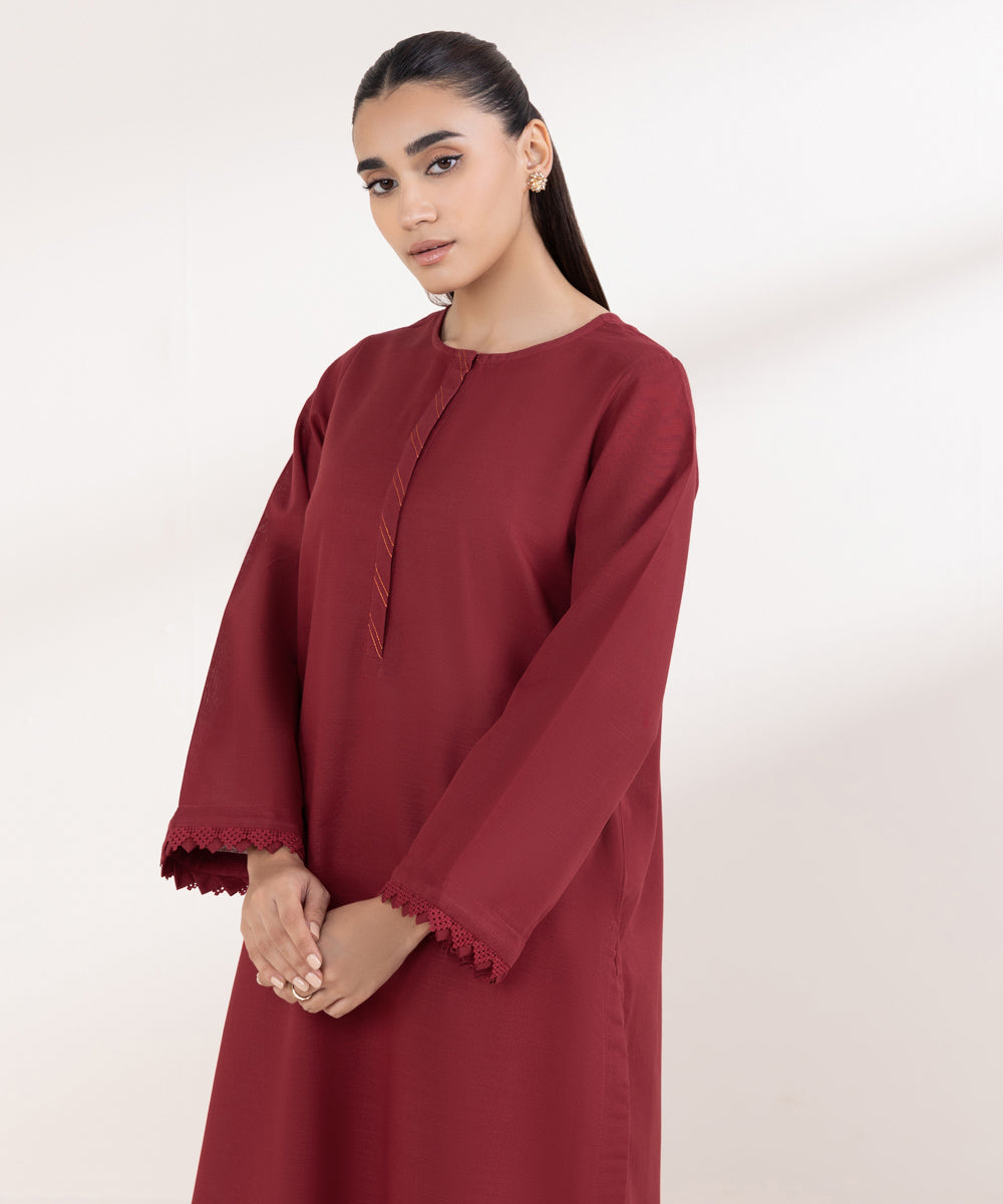 Women's Pret Light Khaddar Solid Red A-Line Shirt